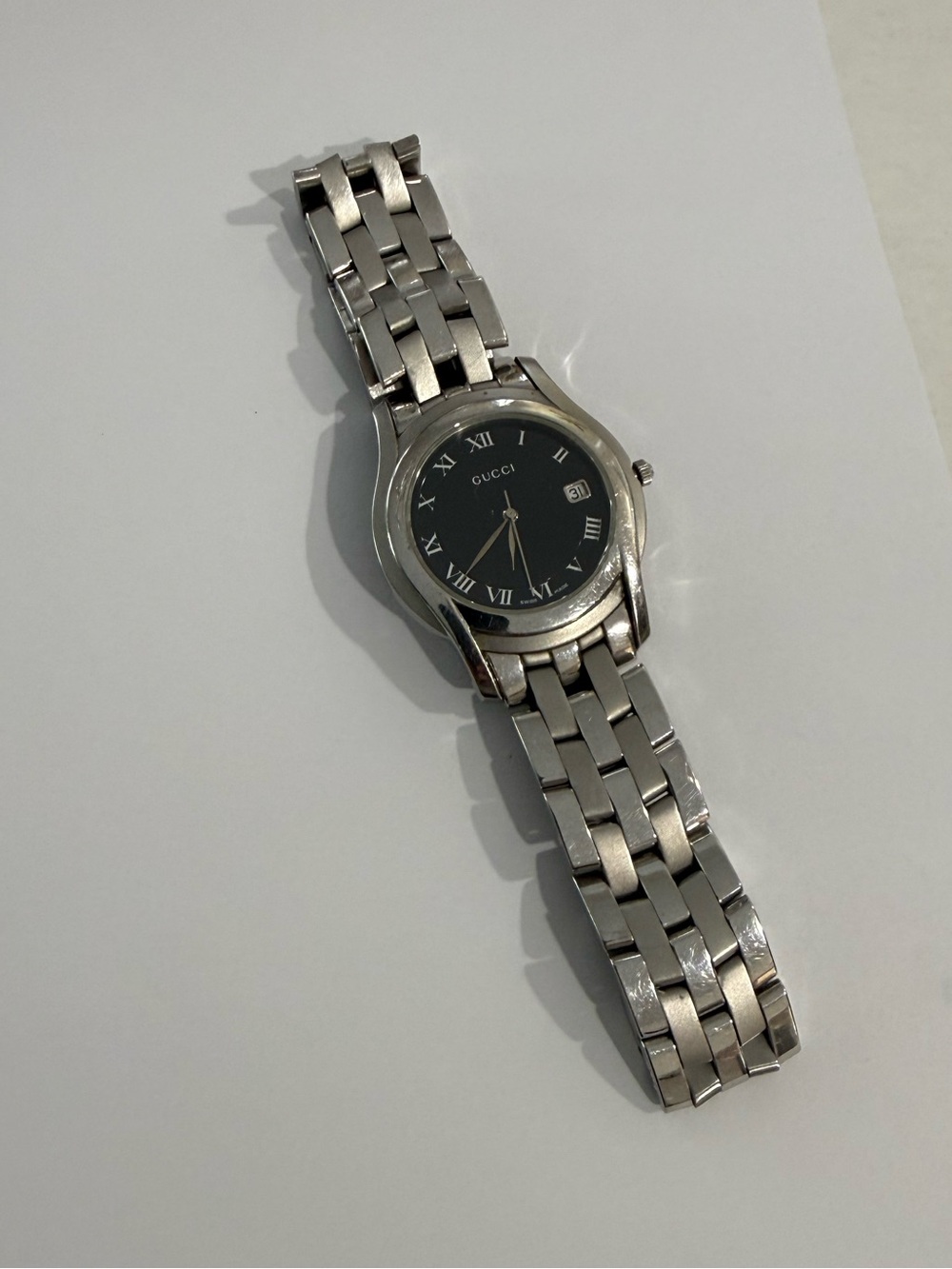 Gucci Silver Stainless Steel Watch with Black Dial vintage 90s 8”